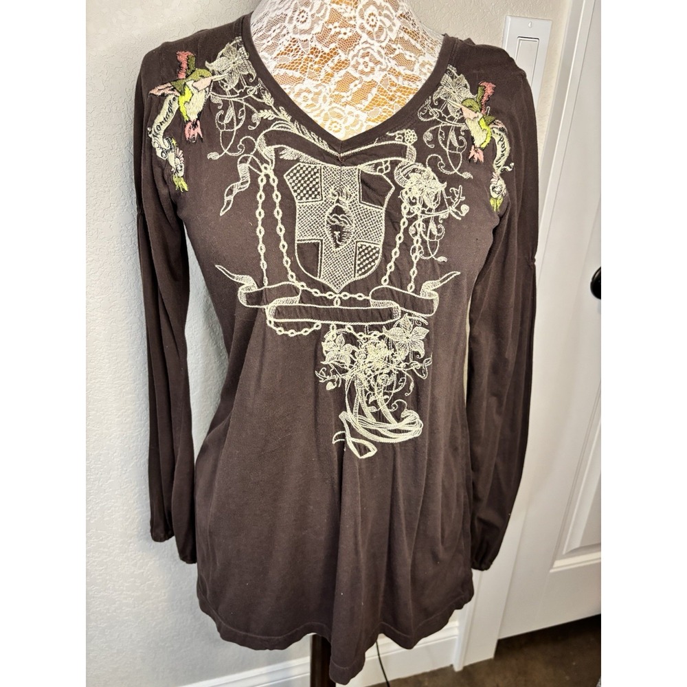 JWLA Johnny Was Embroidered Brown Knit Tunic Blouse Top Large Boho We Drove